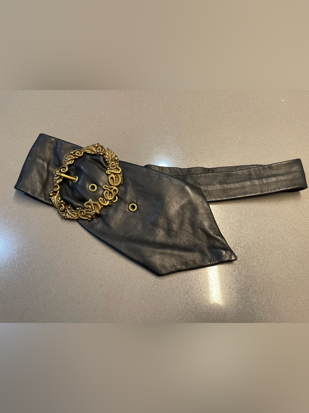 Diesel Black Leather Tie Belt with Ornate Gold Round Buckle Size 75